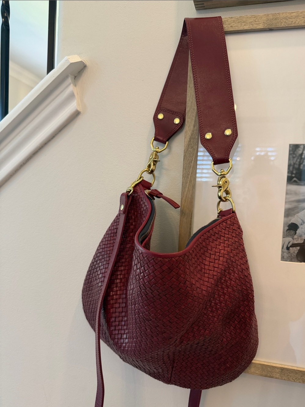 Clare V Burgundy Woven Leather Hobo with Gold Hardware Moyen Messenger